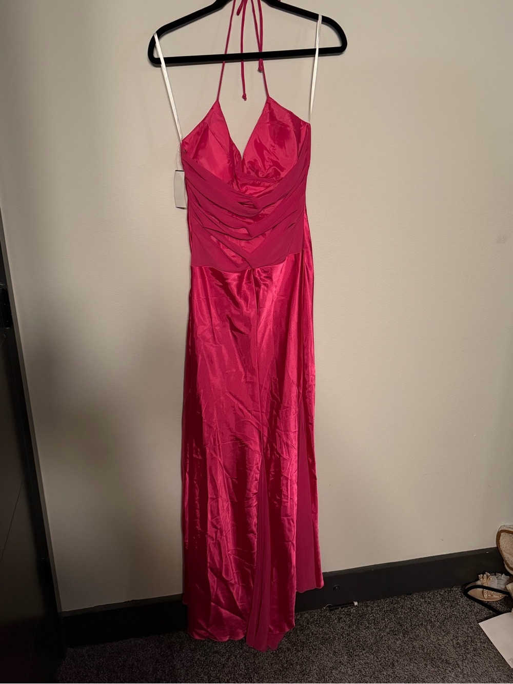 Hot Pink Halter Satin Evening Dress - Picture 2 of 5